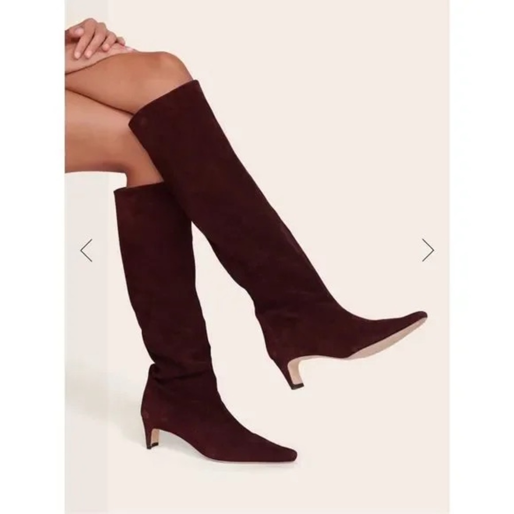STAUD Wally Knee-High Boots in Plum Suede Burgundy